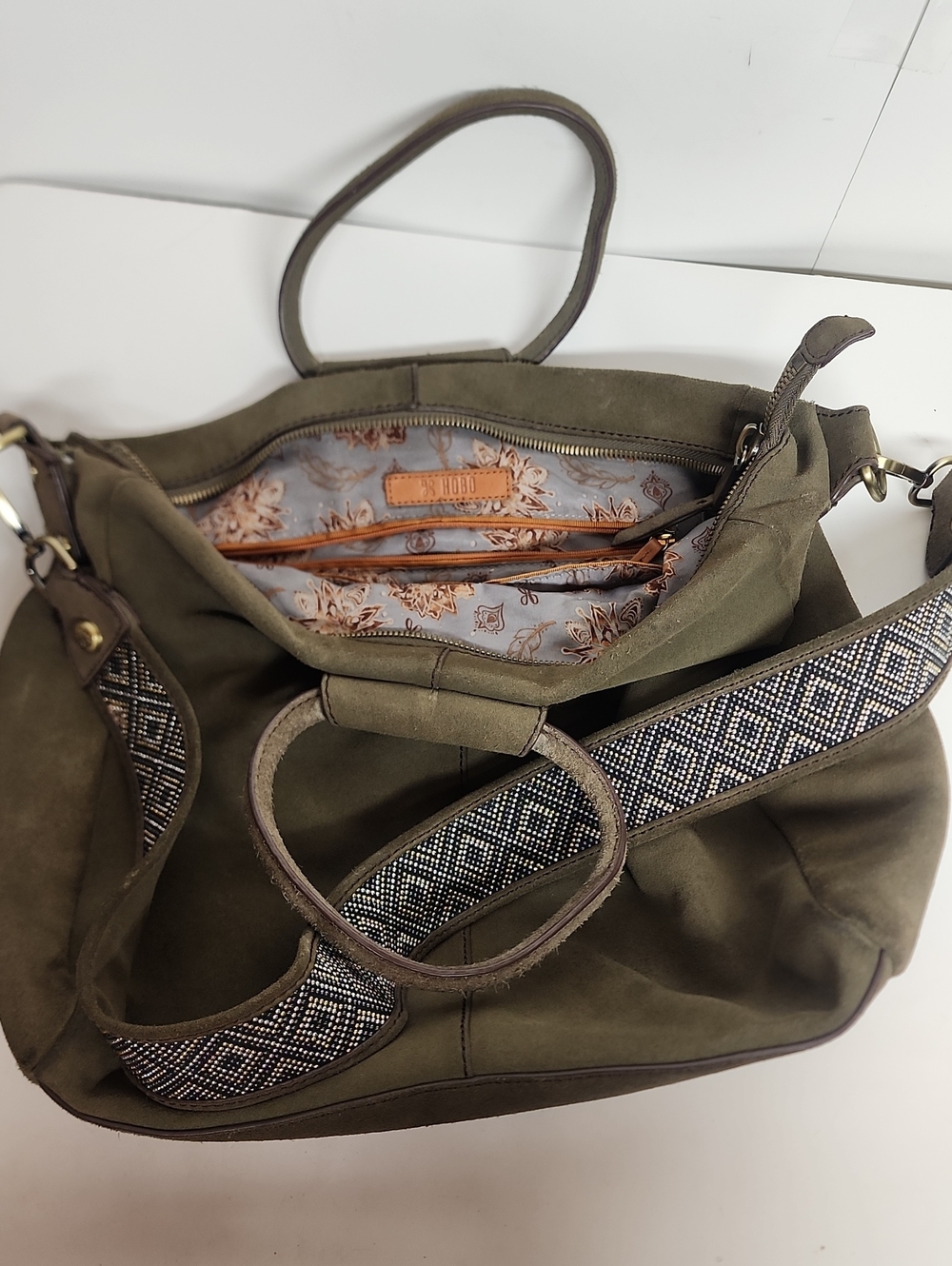 HOBO Large Suede Leather Olive Green Canvas Tote with Patterned Shoulder Strap